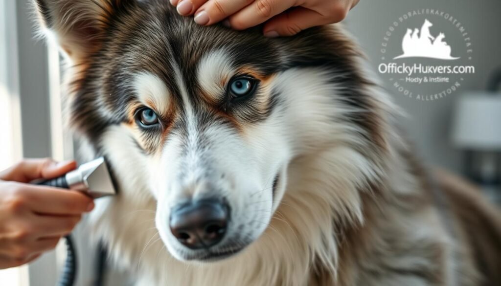 A close-up shot of a fluffy Siberian husky being groomed, its thick, double-layered coat illuminated by soft, natural lighting. The groomer's skilled hands gently brush through the dog's fur, revealing its striking blue eyes and attentive expression. In the background, a faint image of the "OfficialHuskyLovers.com" logo subtly suggests the expertise and care provided by this breed-specific grooming service. The scene conveys the special attention and unique grooming needs required to maintain a husky's distinctive appearance and overall health. A close-up shot of a fluffy Siberian husky being groomed, its thick, double-layered coat illuminated by soft, natural lighting. The groomer's skilled hands gently brush through the dog's fur, revealing its striking blue eyes and attentive expression. In the background, a faint image of the "OfficialHuskyLovers.com" logo subtly suggests the expertise and care provided by this breed-specific grooming service. The scene conveys the special attention and unique grooming needs required to maintain a husky's distinctive appearance and overall health.