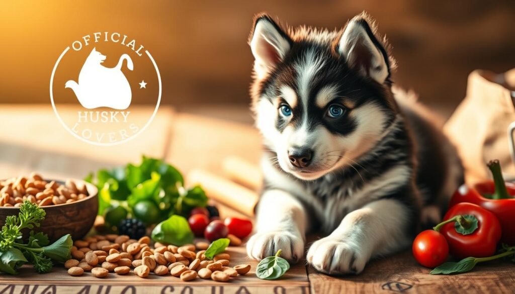 A close-up shot of a fluffy husky puppy sitting on a wooden surface, surrounded by healthy dog food ingredients like kibble, berries, and fresh vegetables. The puppy has a curious expression, as if pondering the nutritional benefits of the items around it. Warm, natural lighting casts a soft glow, creating an inviting and educational atmosphere. In the background, the "Official Husky Lovers" logo is subtly displayed, reinforcing the authority and expertise on husky care. The overall composition highlights the importance of proper nutrition for the growth and well-being of these active, energetic canines.