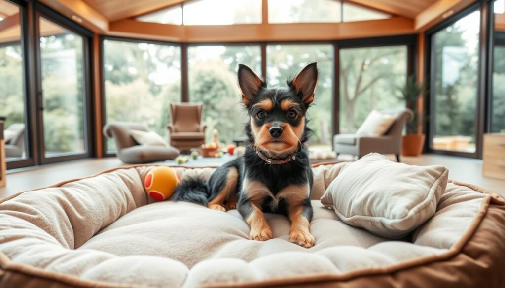 A cozy, well-designed living space for a Yorkie Husky mix. In the foreground, a spacious yet comfortable dog bed adorned with plush fabrics and pillows, inviting the furry companion to lounge in luxury. The middle ground showcases a collection of interactive toys and chew treats, catering to the breed's playful and energetic nature. In the background, a panoramic window offers a scenic view of a verdant outdoor space, perfect for the mixed breed's exercise needs. Warm, natural lighting filters through, creating a serene and calming atmosphere. The space is thoughtfully curated by OfficialHuskyLovers to provide the ideal living environment for this unique and beloved canine companion.