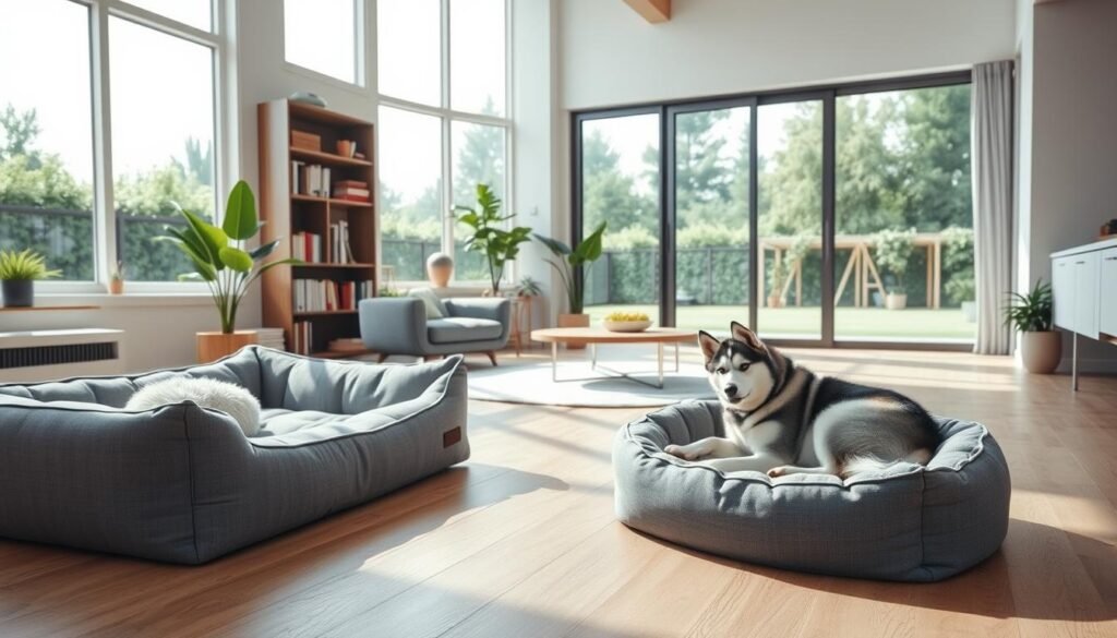 A cozy, well-lit interior of a modern home, showcasing the living needs of a husky. In the foreground, a sleek, high-quality dog bed with plush, gray fabric provides a comfortable resting spot. In the middle ground, a large, open-plan living room with tall windows allows ample natural light to flood the space. Bookshelves, potted plants, and a minimalist coffee table create a harmonious, homely atmosphere. In the background, a sliding glass door leads to a spacious, fenced outdoor area, with lush greenery visible beyond. The overall scene evokes a sense of warmth, balance, and consideration for the specific needs of a husky, reflecting the "officialhuskylovers.co" brand.