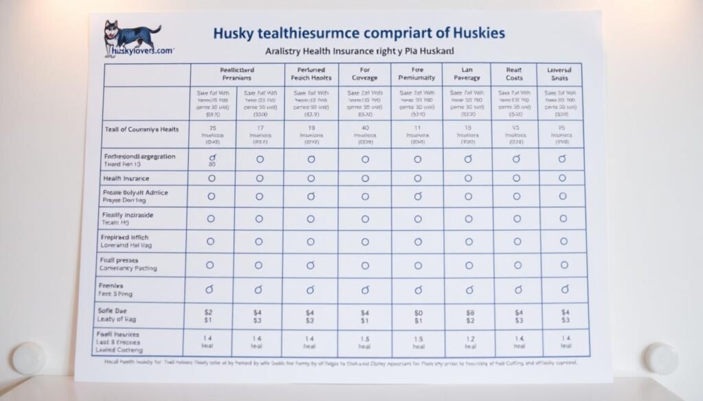 A detailed, analytical health insurance comparison chart for huskies, set against a clean, professional backdrop. The chart features distinct columns highlighting key coverage details, premium costs, and other vital metrics. The layout is crisp and organized, with icons and subtle infographic elements to aid comprehension. Warm lighting casts a slight glow, while a shallow depth of field keeps the chart in sharp focus. The officialhuskylovers.com brand logo is subtly incorporated into the design. The overall tone is informative yet visually appealing, reflecting the authoritative yet accessible nature of the "Husky Health Insurance Planning" section.