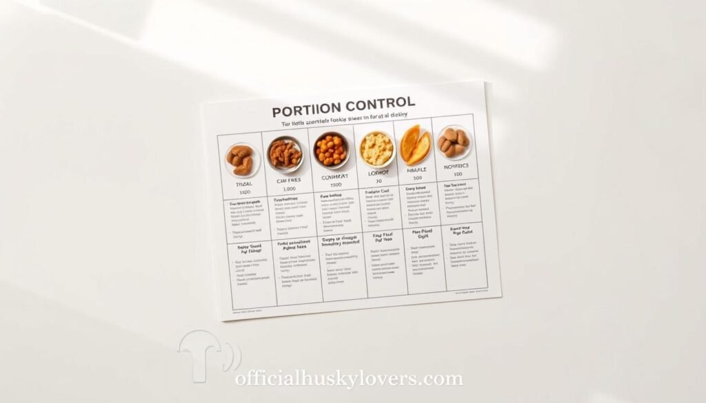 A detailed portion control guide for huskies, showcasing various food portions on a clean, minimalist surface. The guide features a layout of different serving sizes, from small to large, presented in an organized and visually appealing manner. The lighting is soft and natural, with a slightly warm tone, creating a calming and informative atmosphere. The background is a simple, off-white or light gray color, allowing the guide to be the focal point. The overall composition and styling give a professional, yet approachable feel, suitable for the "The Ideal Husky Diet: Keeping Your Pup Healthy" article and the "Portion Control Strategies" section. The image prominently displays the "officialhuskylovers.com" brand name.