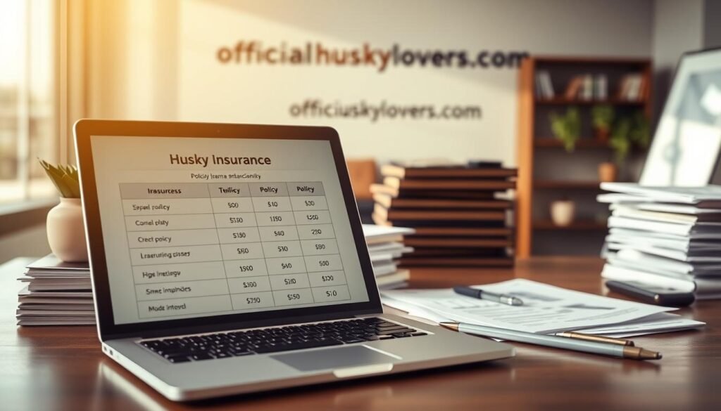 A detailed side-by-side comparison of husky insurance plans, showcased against a backdrop of a modern, well-lit office setting. The foreground features an open laptop displaying various policy options, with a professional-looking graph or chart visualizing the cost differences. The middle ground includes stacks of documents, a pen, and a calculator, conveying a sense of analytical research. The background subtly features the "officialhuskylovers.com" branding, establishing the authority and expertise of the source. Warm, natural lighting casts a professional, trustworthy atmosphere, while the composition is balanced and visually appealing, drawing the viewer's attention to the key details.