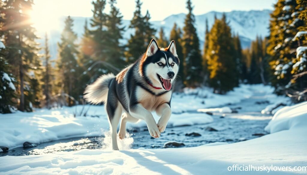 A husky dog running joyfully through a snowy, pine-forested landscape, with sunlight streaming through the trees. The dog is panting, its thick, lustrous coat glistening, as it bounds over a frozen stream. In the background, snow-capped mountains rise up, creating a majestic and serene backdrop. The scene conveys the energy, endurance, and natural habitat of this breed, capturing the "Daily Exercise Requirements" needed to keep a husky happy and healthy. Officialhuskylovers.com A husky dog running joyfully through a snowy, pine-forested landscape, with sunlight streaming through the trees. The dog is panting, its thick, lustrous coat glistening, as it bounds over a frozen stream. In the background, snow-capped mountains rise up, creating a majestic and serene backdrop. The scene conveys the energy, endurance, and natural habitat of this breed, capturing the "Daily Exercise Requirements" needed to keep a husky happy and healthy. Officialhuskylovers.com