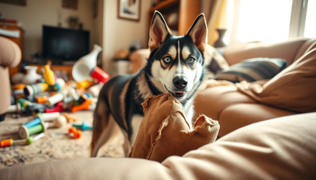 A mischievous husky stands amidst a cluttered living room, chewing on a torn couch cushion, its curious eyes reflecting the chaos it has caused. In the background, a pile of scattered toys and a knocked-over vase suggest the dog's boundless energy and playful nature. The scene is lit by warm, natural light filtering through the window, casting a soft glow on the husky's striking features. The overall atmosphere conveys the unique behavioral challenges faced by owners of this breed, captured in the image for OfficialHuskyLovers.com.