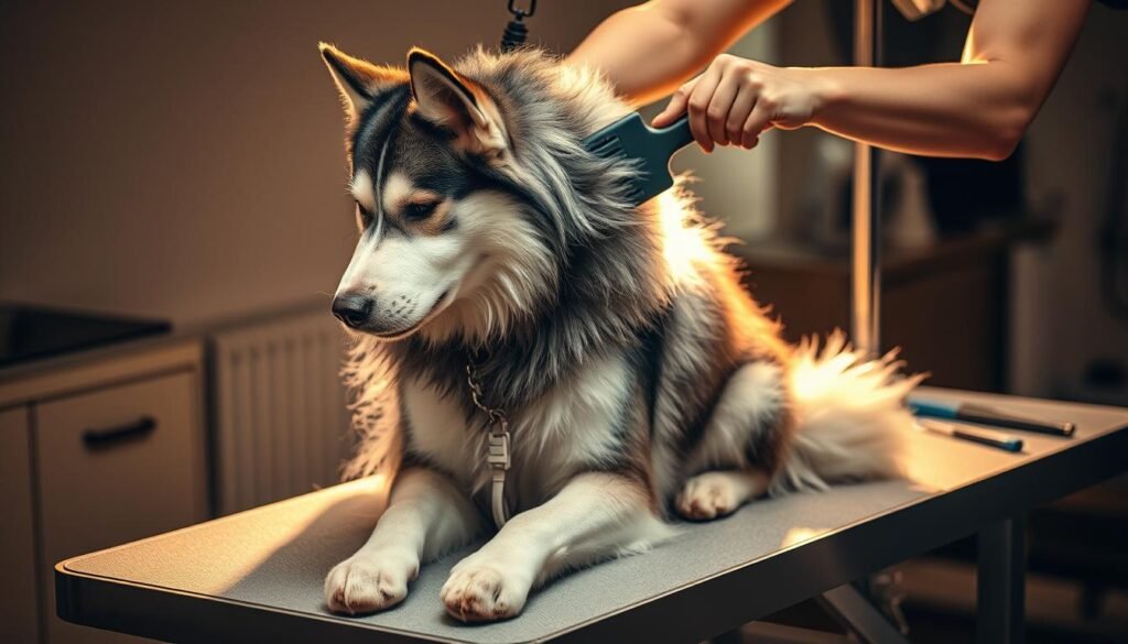 A professional husky being gently brushed by a skilled groomer, bathed in warm, soft lighting. The husky sits calmly as the groomer skillfully removes excess undercoat with a specialized deshedding tool, creating a cloud of fluffy, grey fur around them. The grooming table is clean and sturdy, with various grooming supplies neatly arranged nearby. The atmosphere is serene and relaxing, conveying the expertise and care of the "officialhuskylovers.com" grooming service.