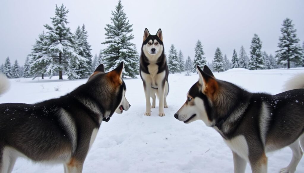 A snowy outdoor scene with a group of huskies cautiously interacting, their body language conveying the socialization challenges they face. In the foreground, two huskies approach each other, ears perked and tails held high, as they size each other up. In the middle ground, a larger husky stands apart, observing the interaction with a wary expression. The background features a wintry landscape of pine trees and a gray sky, setting a cool, contemplative mood. Crisp, natural lighting illuminates the scene, captured with a wide-angle lens to emphasize the scale of the setting. Official Husky Lovers