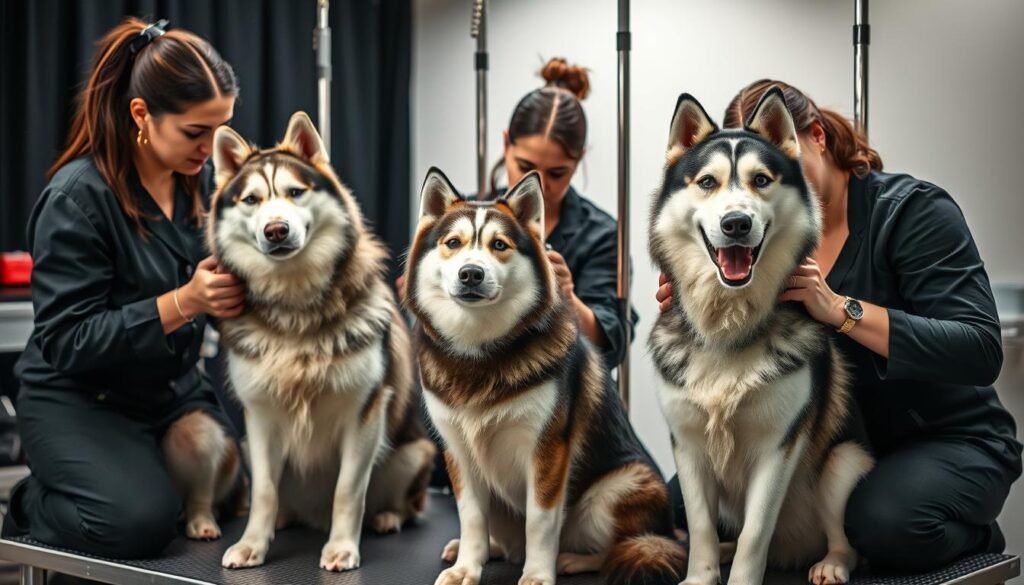 A team of skilled husky grooming specialists meticulously attending to their furry clients, captured in a well-lit studio setting. The groomers, dressed in professional attire, use specialized tools and techniques to groom the huskies, highlighting their thick, lustrous coats. The huskies sit patiently, gazing directly at the camera with an air of contentment. The scene conveys a sense of expertise and care, reflecting the high-quality grooming services offered by officialhuskylovers.com.