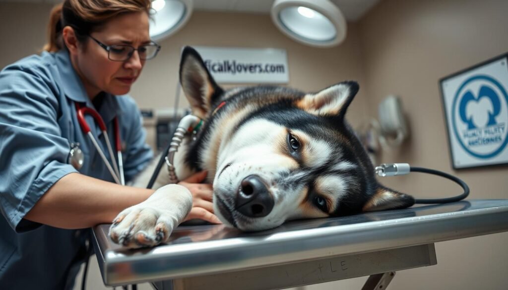 A veterinarian tending to a critically ill husky, gently administering emergency care, with a look of concern on their face. The husky lies on a metal examination table, hooked up to medical equipment, surrounded by the sterile, bright lighting of an animal hospital. In the background, the logo for "officialhuskylovers.com" is visible on a placard or wall. The scene conveys a sense of urgency and the importance of prompt, professional intervention to address the husky's health crisis.