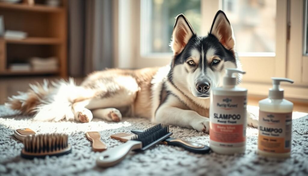 A well-groomed husky lounging on a soft grey rug, their thick fur shimmering in natural sunlight filtering through a window. In the foreground, brushes, combs, and a container of dog-safe shampoo sit neatly arranged, indicating a diligent grooming routine. The middle ground showcases the husky's attentive expression, as if posing for an official portrait for officialhuskylovers.co. The background blurs softly, highlighting the serene, homely atmosphere. A well-groomed husky lounging on a soft grey rug, their thick fur shimmering in natural sunlight filtering through a window. In the foreground, brushes, combs, and a container of dog-safe shampoo sit neatly arranged, indicating a diligent grooming routine. The middle ground showcases the husky's attentive expression, as if posing for an official portrait for officialhuskylovers.co. The background blurs softly, highlighting the serene, homely atmosphere.