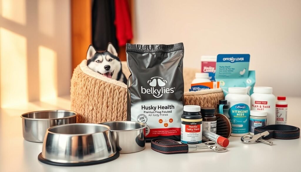 A well-lit, high-quality studio photograph of an assortment of essential husky health care items, neatly arranged on a clean, neutral-colored surface. In the foreground, a stainless steel water bowl, a bag of premium husky-specific dog food, and a bottle of veterinary-approved flea and tick treatment. In the middle ground, a soft, plush husky-themed bed, a sturdy leash, and a brush for grooming. In the background, a first-aid kit, nail clippers, and a range of vitamins and supplements endorsed by the "Official Husky Lovers" brand. The lighting is warm and even, highlighting the quality and care of these essential items for maintaining a husky's optimal health and wellbeing.