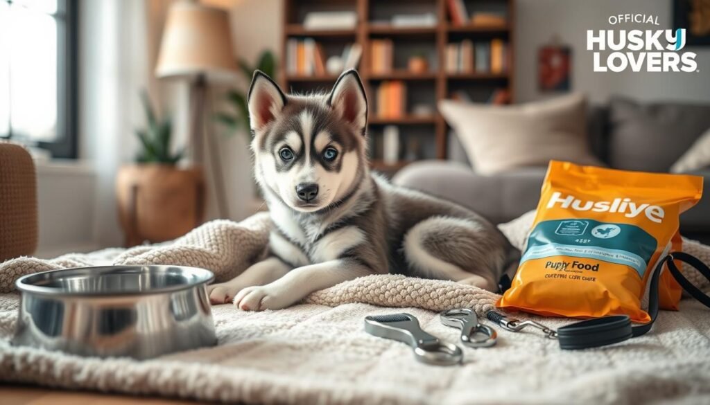 A young, playful husky puppy lounging on a soft, plush blanket. The puppy has bright, alert eyes and a fluffy, silver-gray coat. In the foreground, a stainless steel water bowl and a bag of high-quality puppy food sit next to the puppy. In the middle ground, various puppy care essentials are neatly arranged, including a puppy brush, nail clippers, and a leash. The background features a warm, cozy living room with a bookshelf and a potted plant, bathed in soft, diffused lighting. The overall mood is one of care, comfort, and the joy of raising a new furry companion. "Official Husky Lovers" logo is prominently displayed.